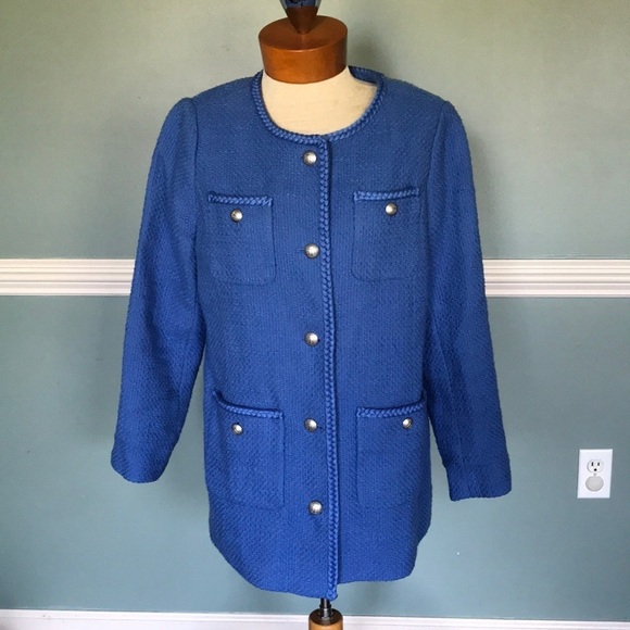 Talbots TWEED TOPPER COAT. Blue/periwinkle Sz 12 petite breaded trim. Long line - Picture 2 of 9
